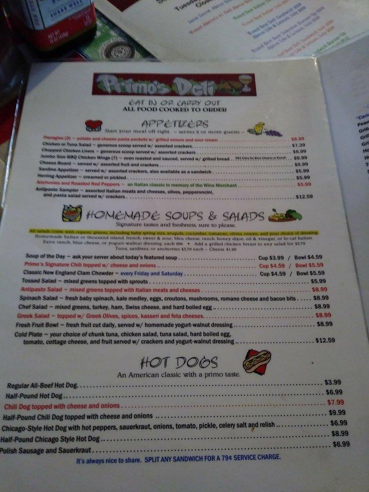 Menu at Primo's Deli restaurant, Akron