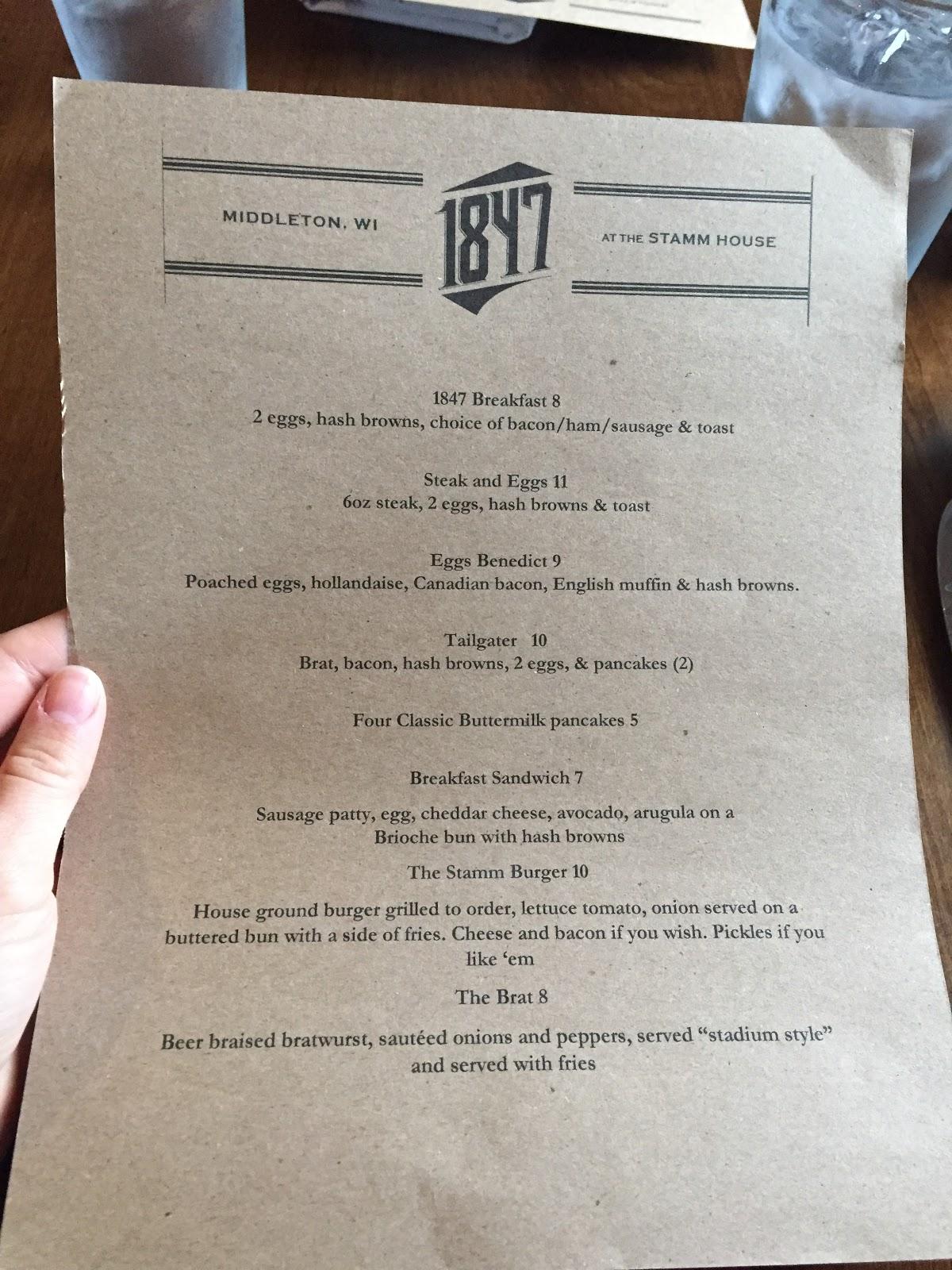 Menu at 1847 at the Stamm House club, Middleton