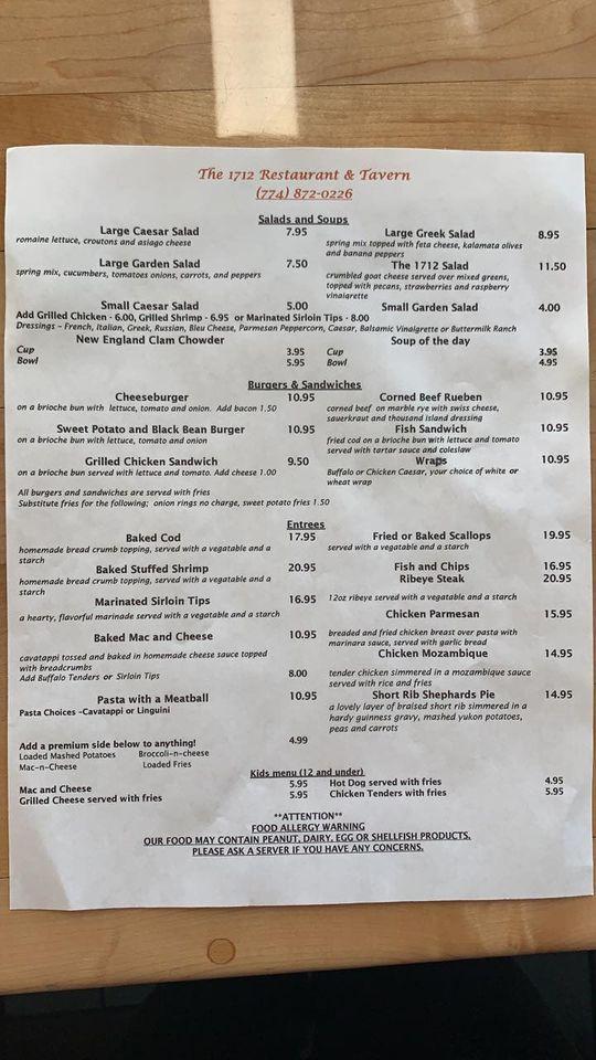 Menu at 1712 Restaurant & Tavern, Dighton