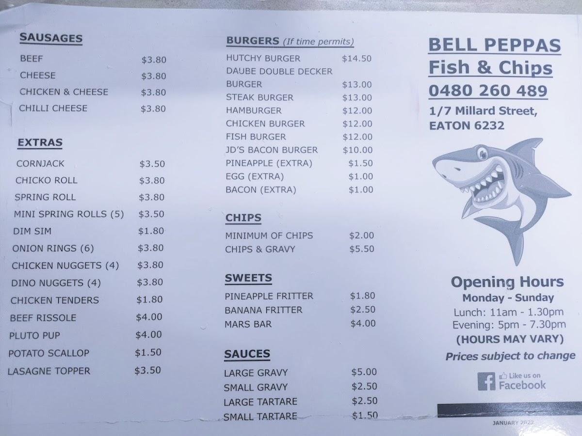 Menu at Bell Peppa's restaurant, Eaton