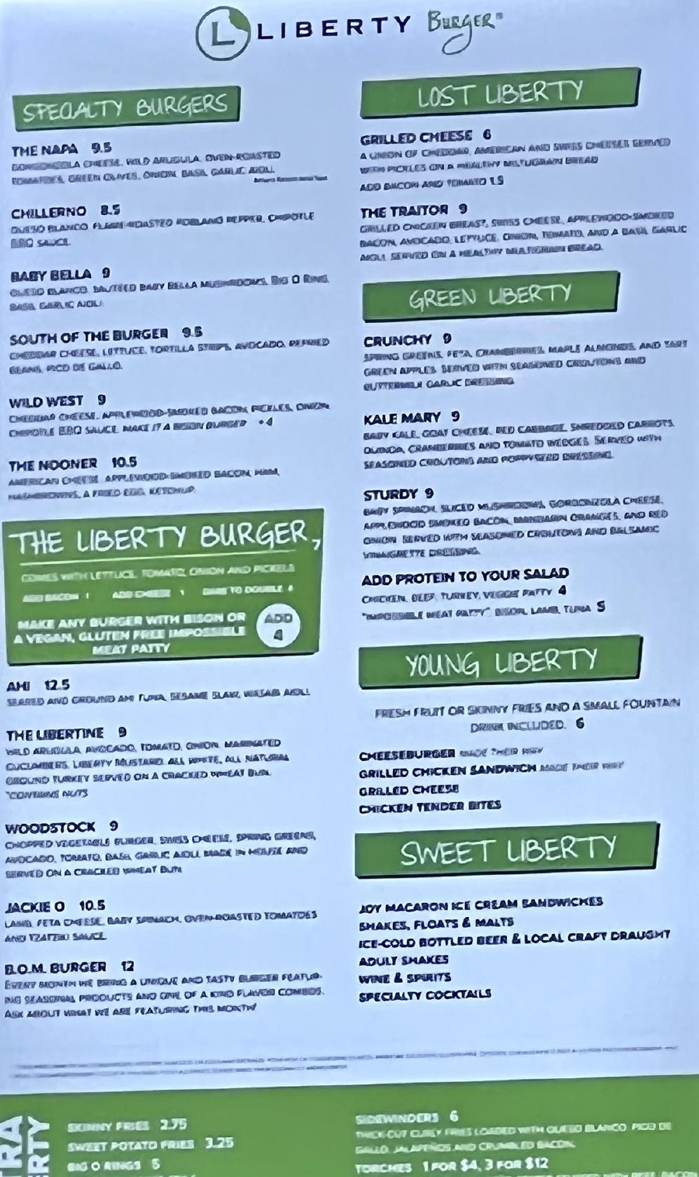 Liberty shop burger menu