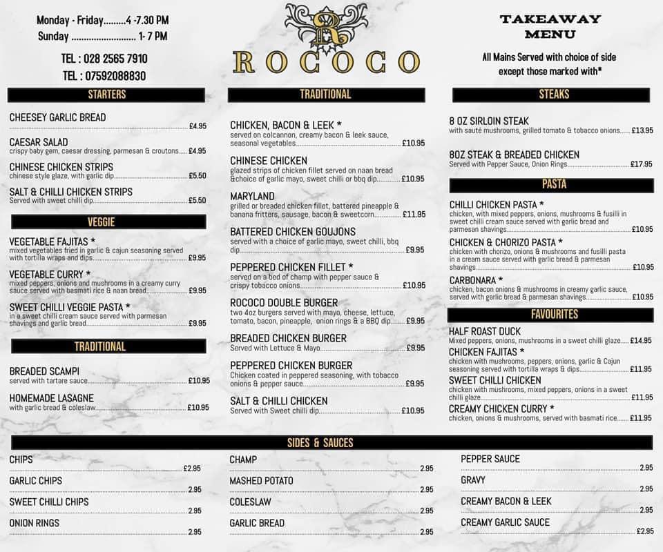 Menu at Rococo steakhouse, Ballymena, 56-58 Mill St