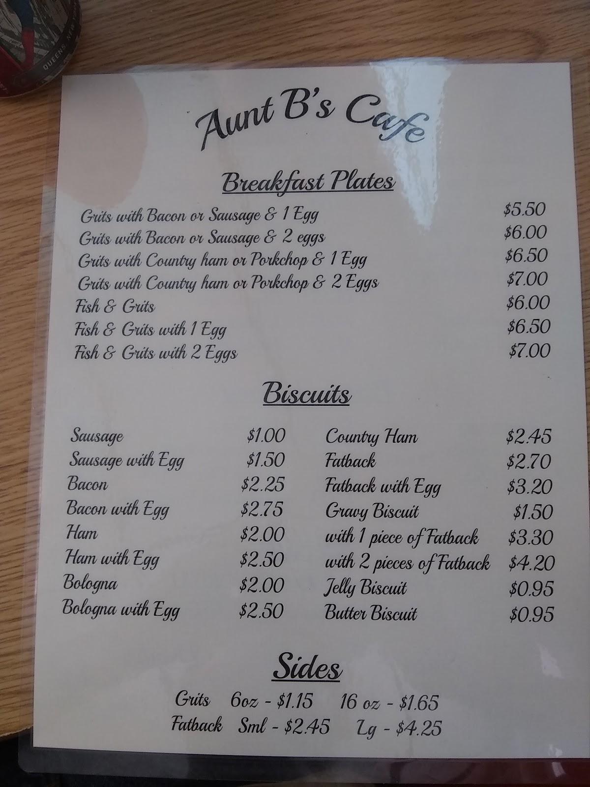 Menu At Aunt B's Cafe, Spartanburg