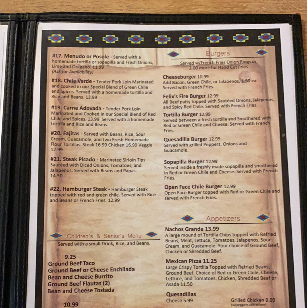 Menu at Francisca's restaurant, Farmington