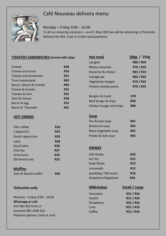 Menu at Cafe Nouveau, Pinelands, Cape Town