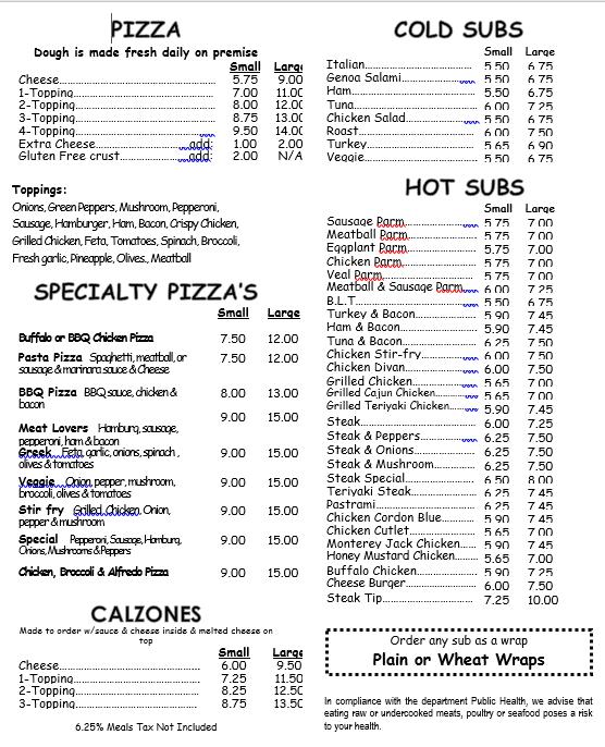 Menu at Main Street Pizza pizzeria, Upton