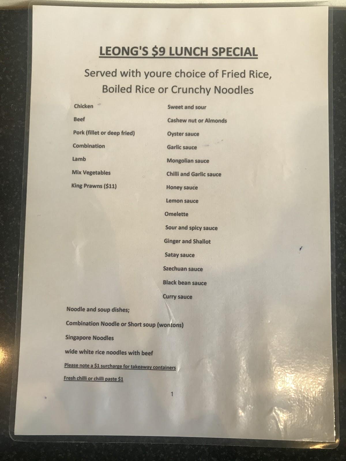 Menu at Leong's Chinese Restaurant, Nowra