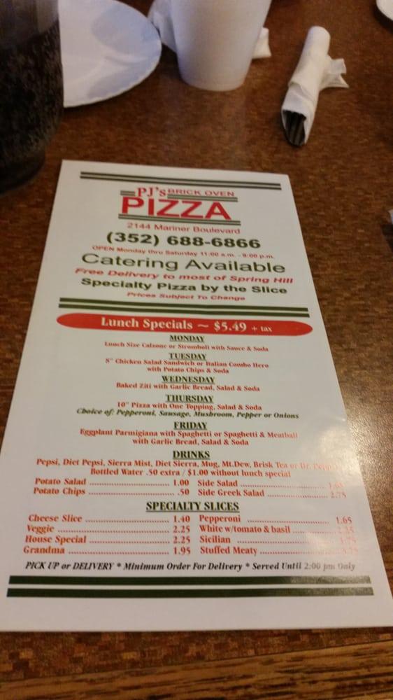 Carta de pizzería PJ's Brick Oven Pizza Spring Hill, Spring Hill