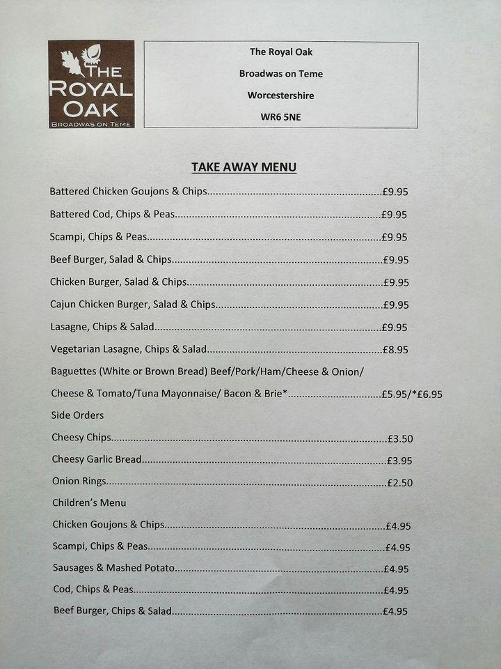 Menu at The Royal Oak pub & bar, Broadwas, On The A44 Between Worcester