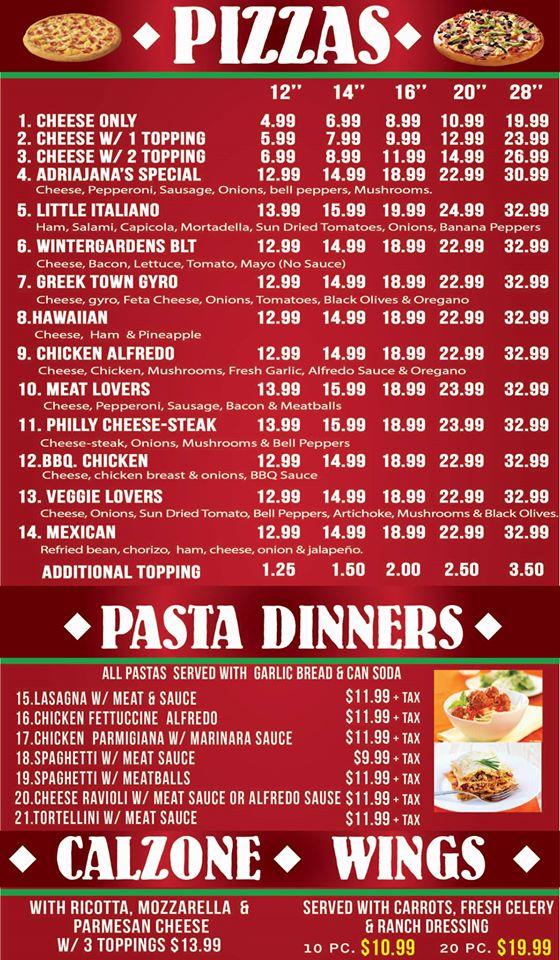 Carta de Adrijana's Pizzeria & Deli, El Cajon