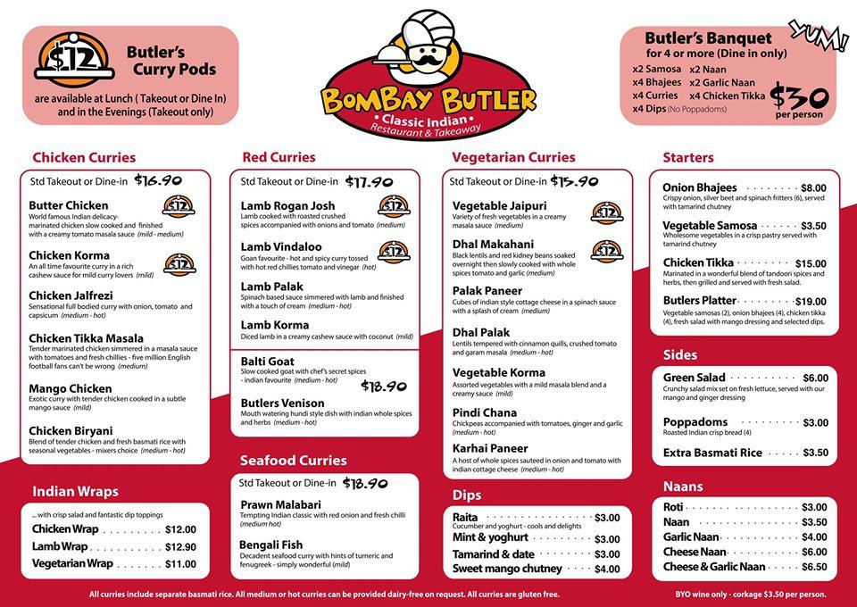 Menu at Bombay Butler Sydenham fast food, Christchurch, 300 Colombo St