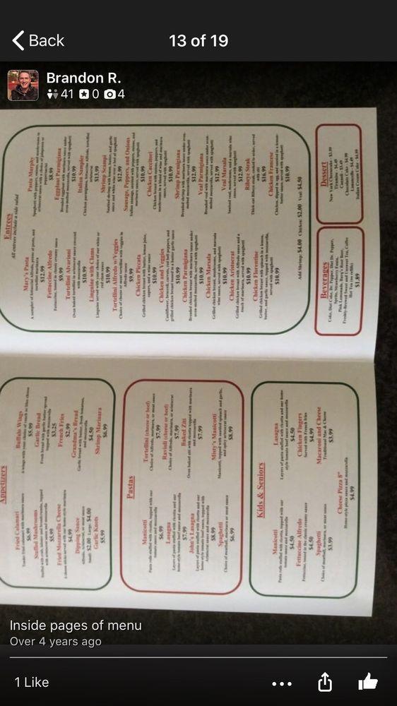 Menu at Nick's Italian Restaurant, Pilot Point
