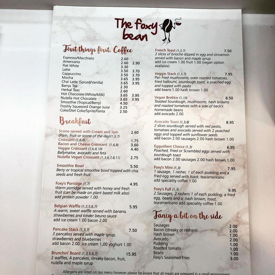 Menu at The Foxy Bean cafe, Tullamore