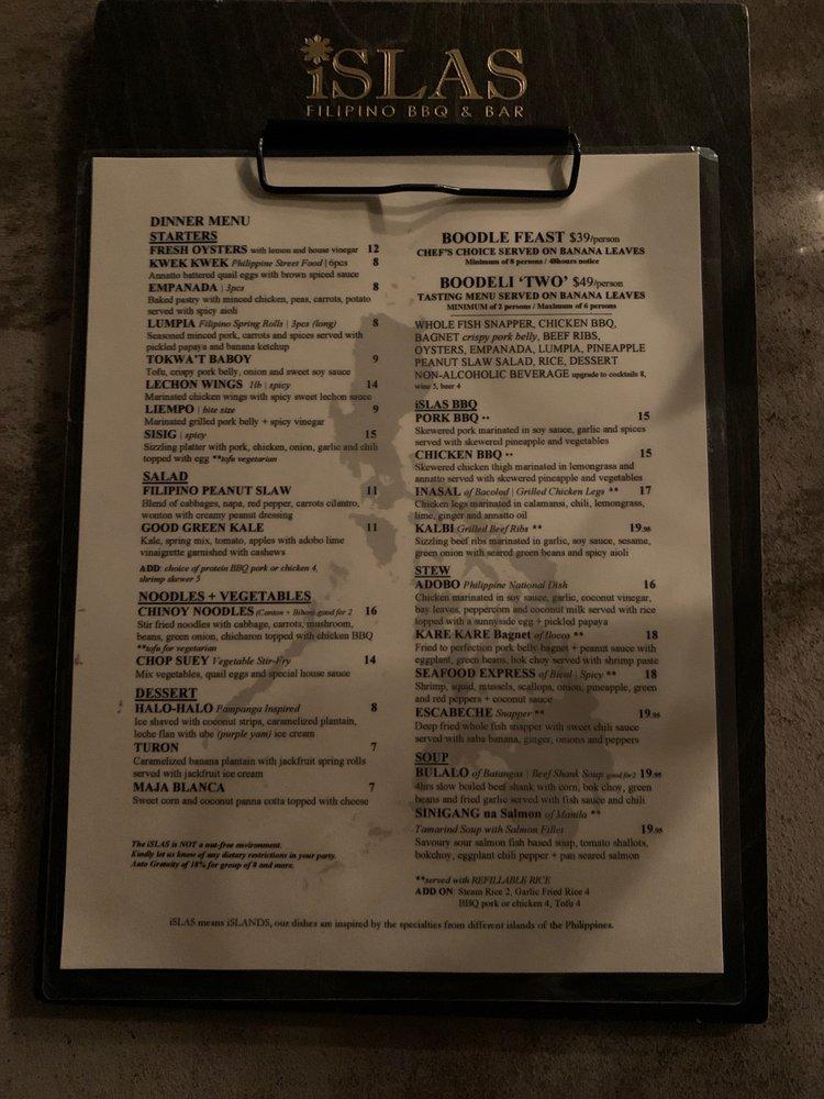 Menu at iSLAS FILIPINO BBQ & BAR, Toronto