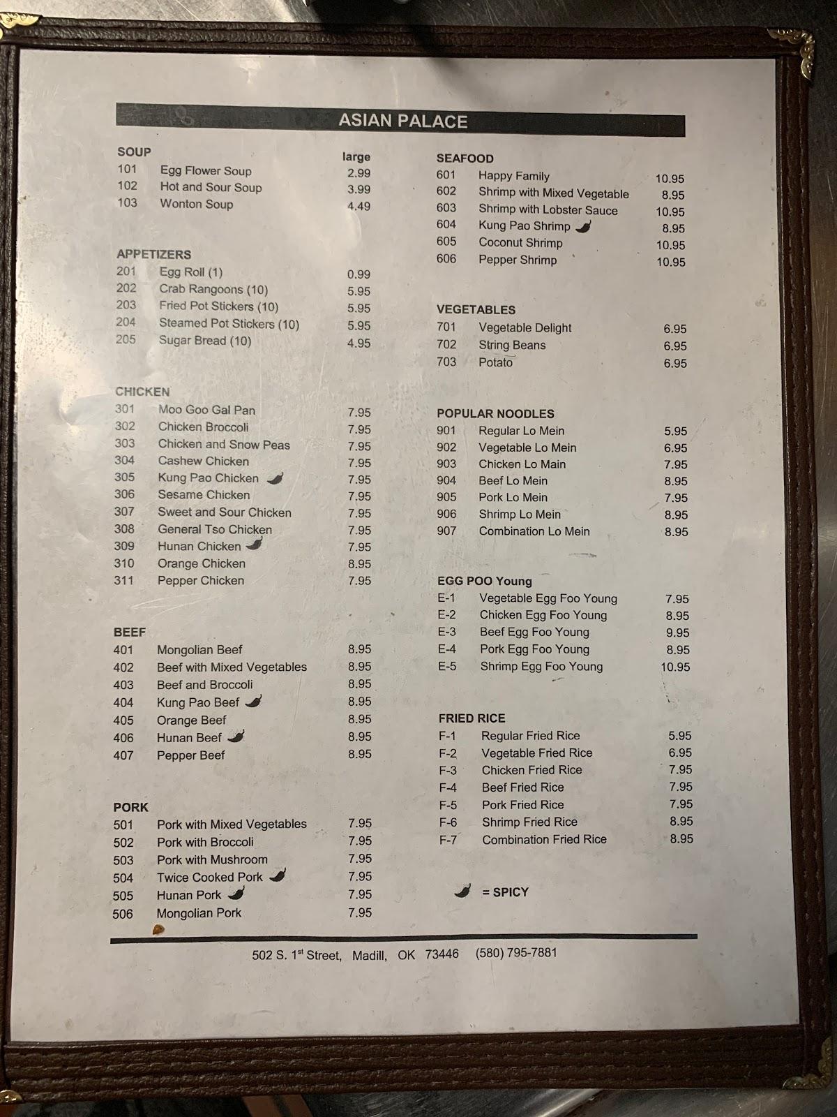 Menu at Asian Palace restaurant, Madill