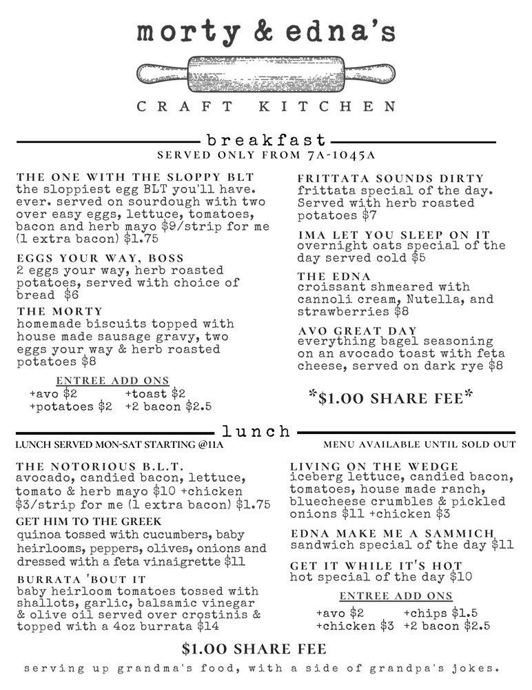 Menu at Morty and Edna’s Craft Kitchen restaurant, Lake Placid