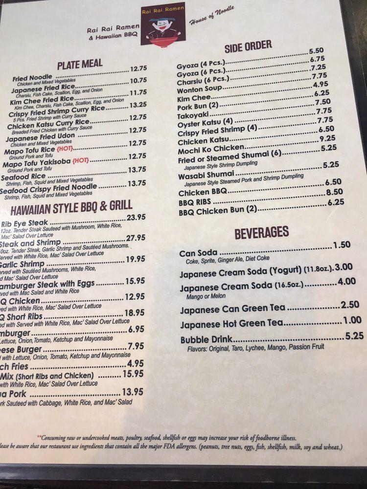 Menu at Rai Rai Ramen & Hawaiian BBQ West Chester, West Chester