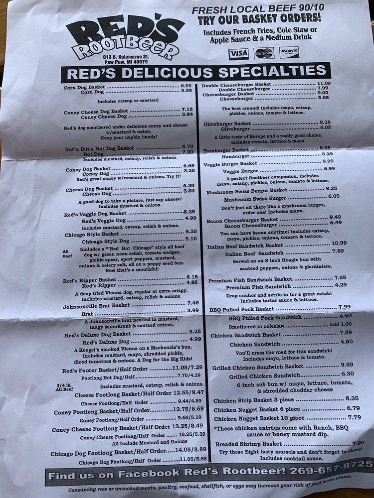 Menu at Red's Root Beer restaurant, Paw Paw, 813 S Kalamazoo St