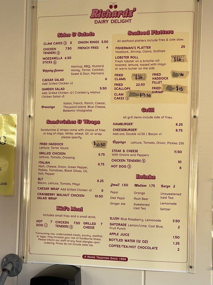 Menu at Richards' Dairy Delight desserts, Sebago