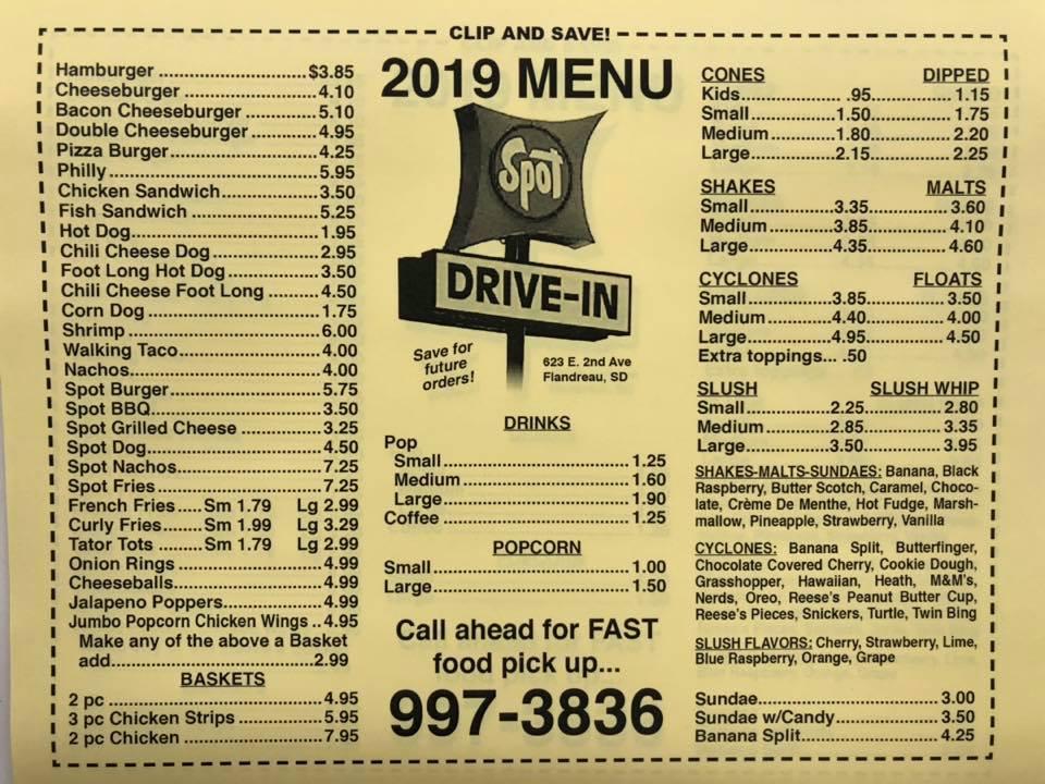 Menu at The Spot DriveIn restaurant, Flandreau