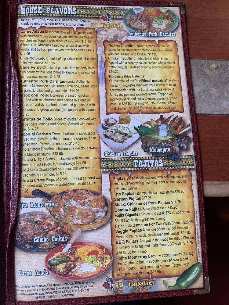 Menu at El Tapatio Mexican Restaurant & Cantina, Cottage Grove