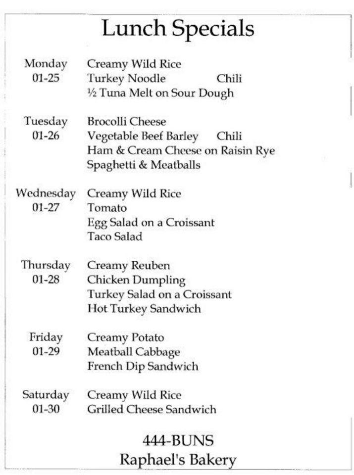 Menu at Raphael's Bakery, Bemidji