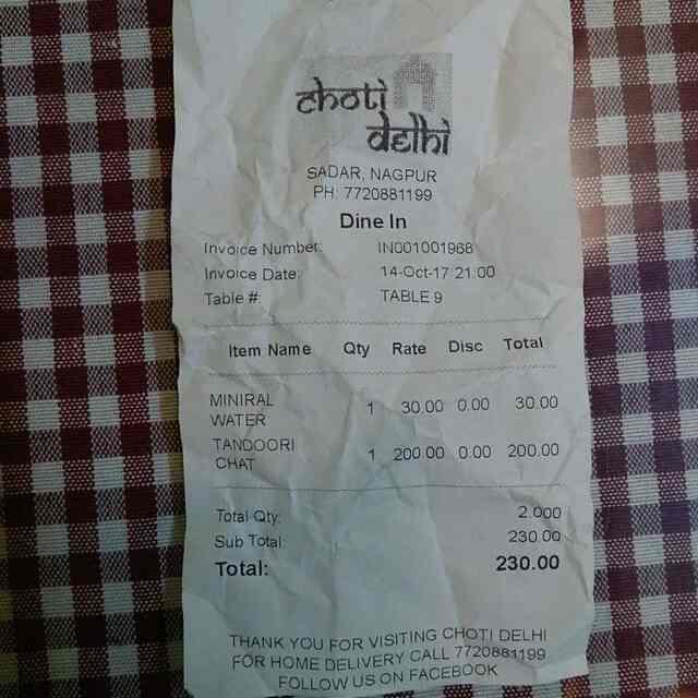 Choti Delhi menu