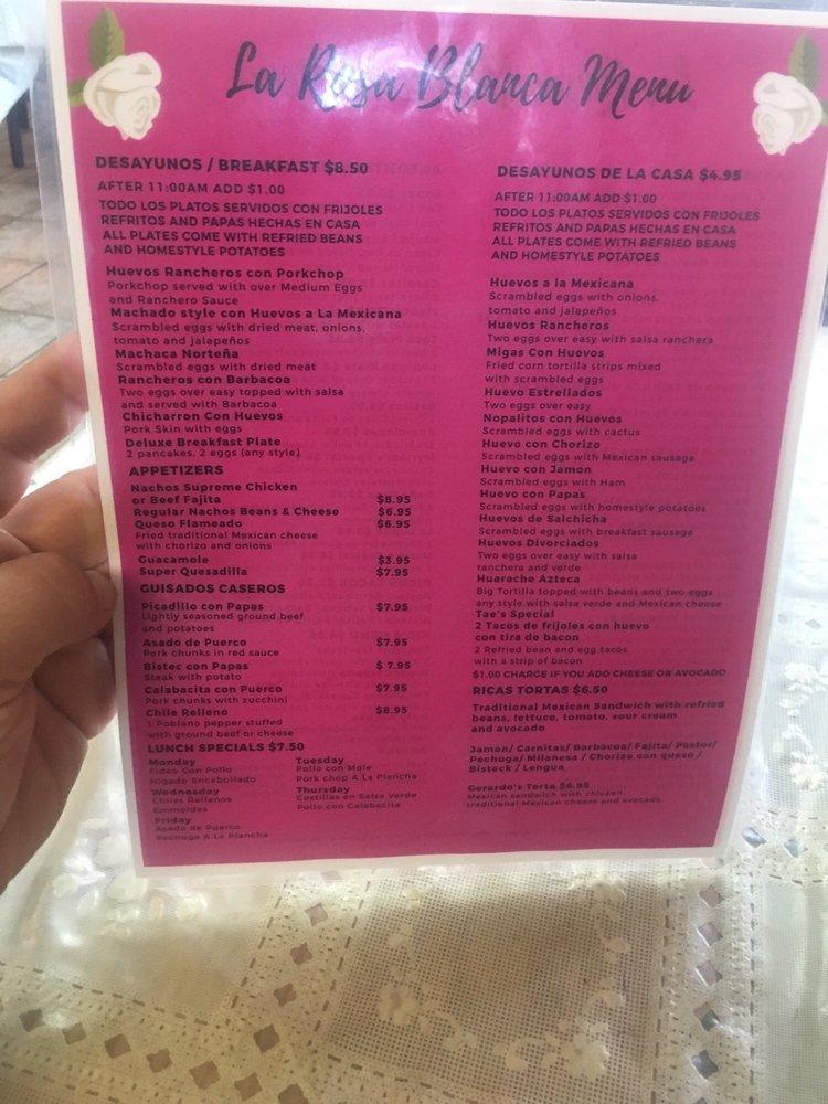 Menu at La Rosa Blanca restaurant, Houston