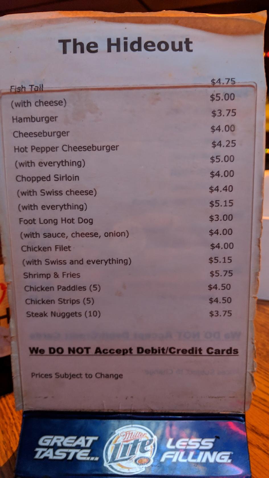 Menu at Hideout pub & bar, Dexter City