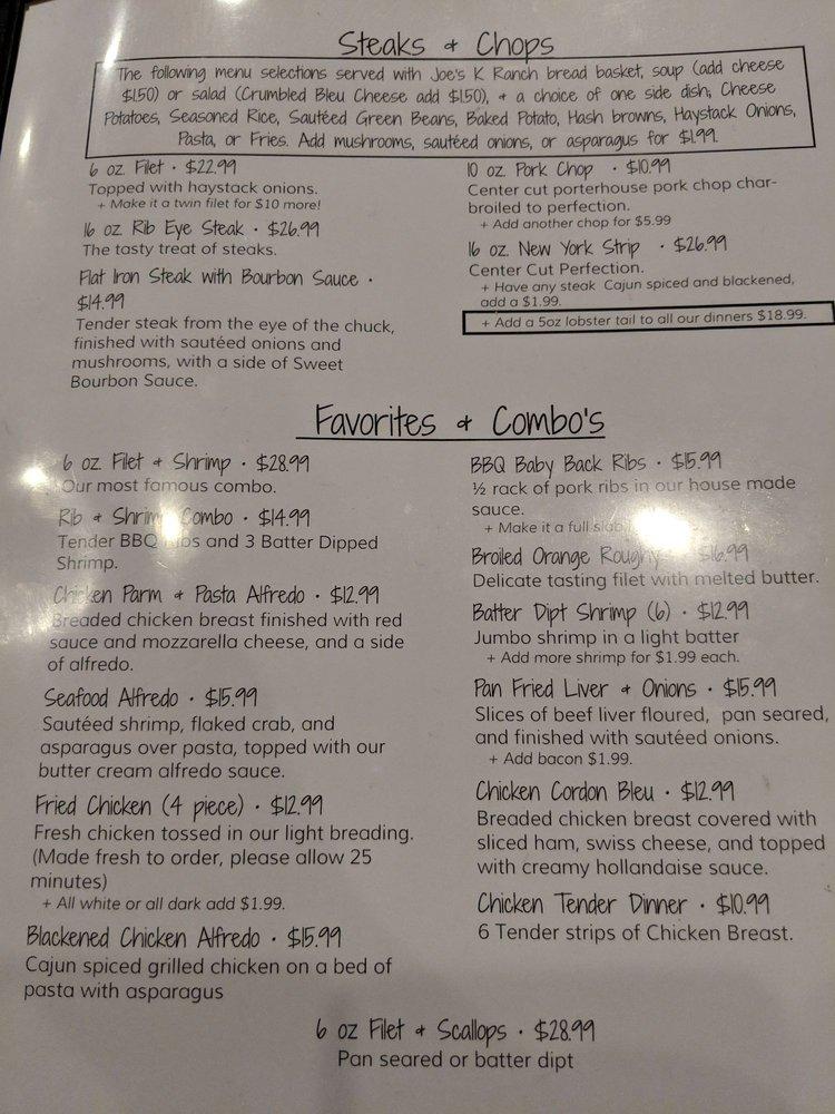 Menu at Joe's “K” Ranch pub & bar, Cudahy