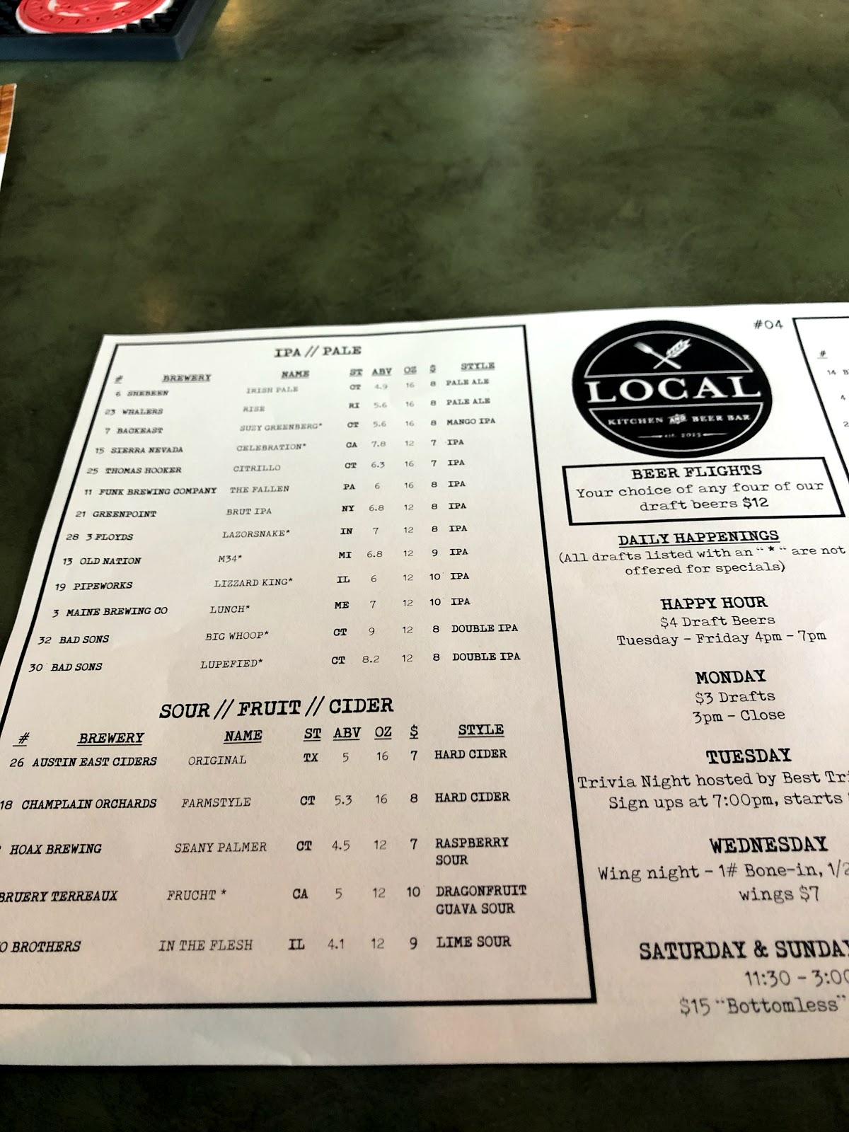 Carta de Local Kitchen & Beer Bar, Fairfield