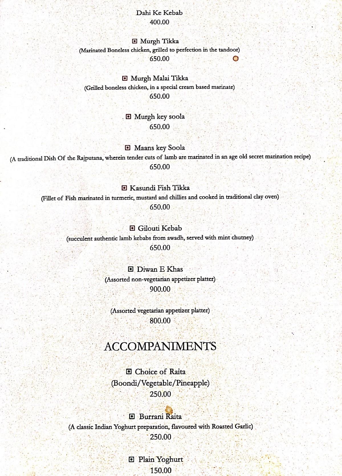 Rasa Restaurant menu