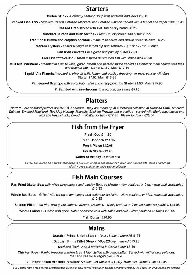 Menu at Pier One restaurant, FrintononSea