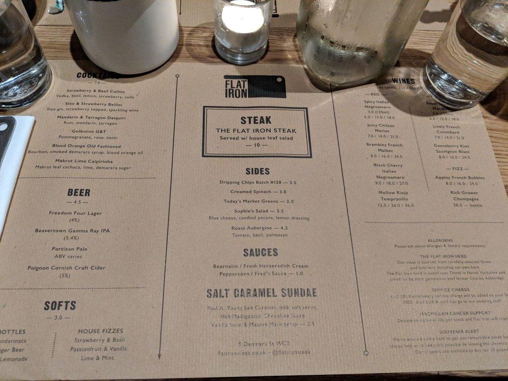 Menu at Flat Iron steakhouse, London, 9 Denmark St