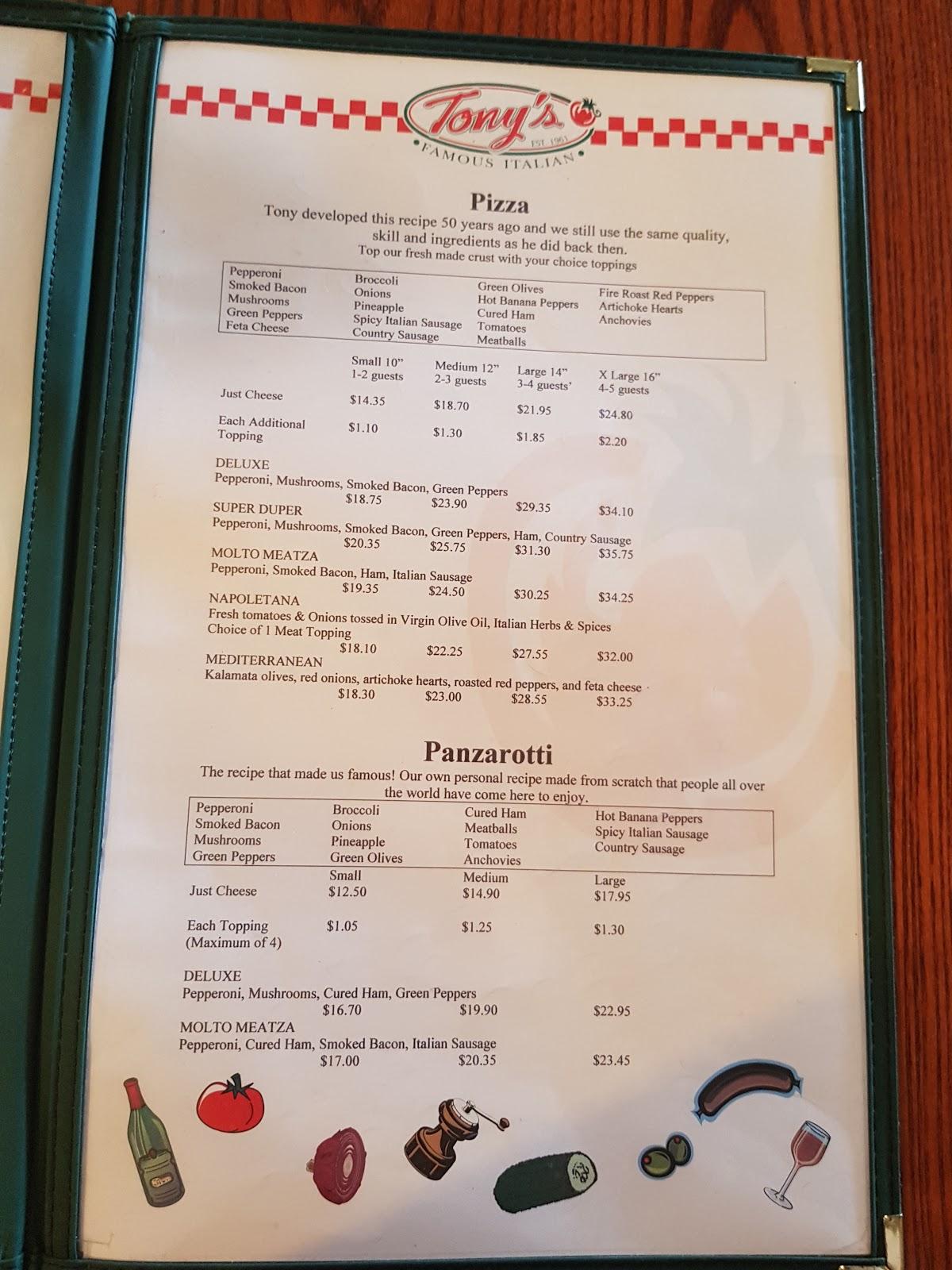 Tony's deals pizza menu