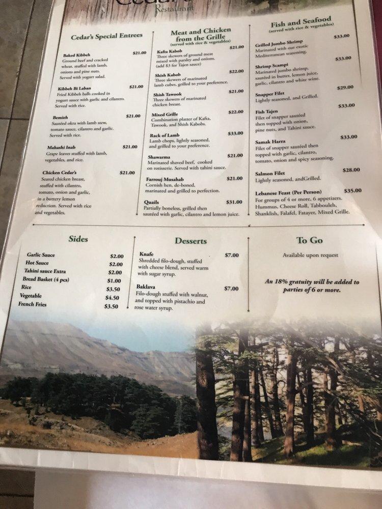 Menu at Cedars Restaurant, Orlando, W Sand Lake Rd