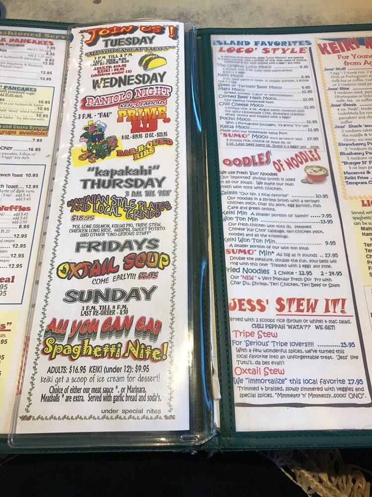 Menu at Ken's House of Pancakes restaurant, Hilo