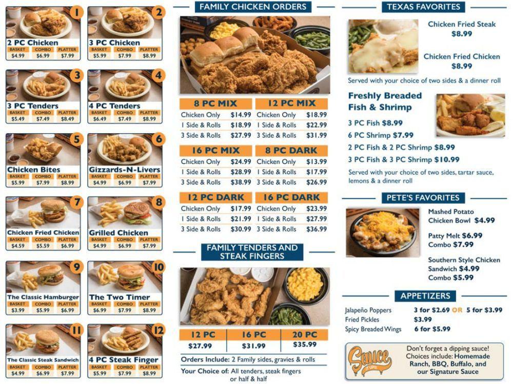 Menu at Pete's ChickenNMore restaurant, Corpus Christi, Yorktown Blvd