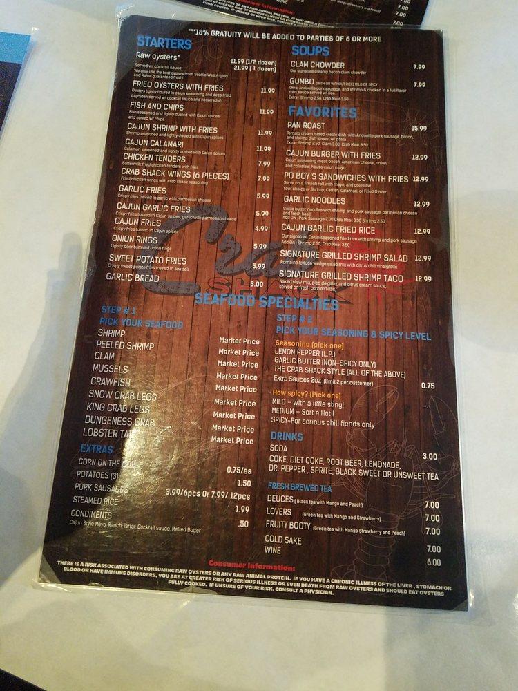 Menu at The Crab Shack