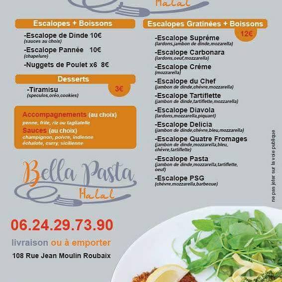 Menu au Bella Pasta Grill Pate restaurant, Roubaix