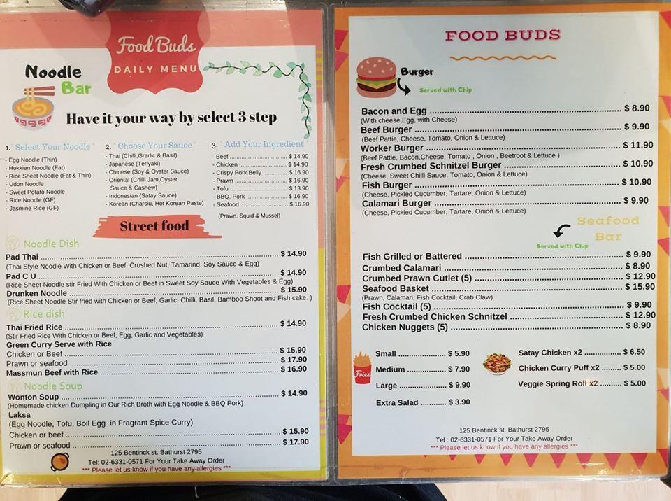 Menu at Food Buds Restaurant, Bathurst, 125 Bentinck St