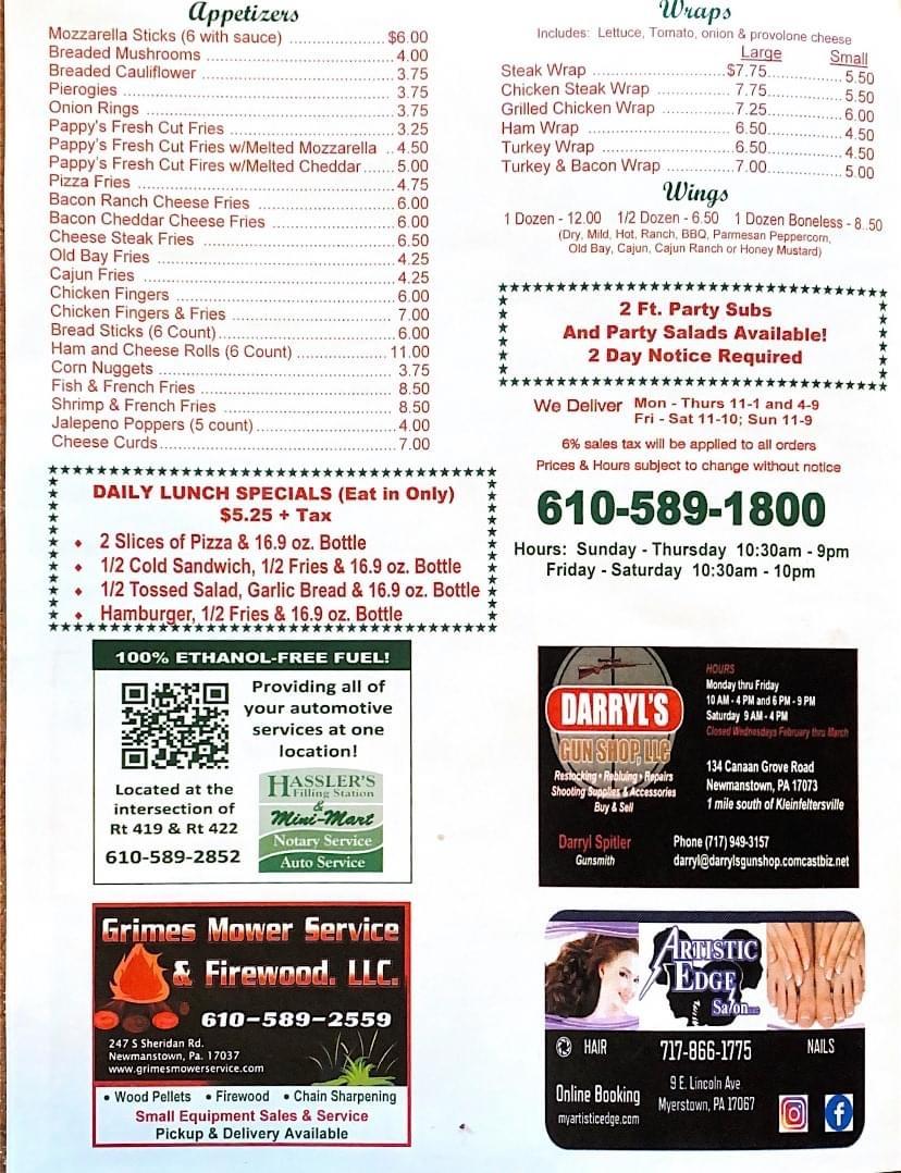 Menu at Justino's Pizza pizzeria, Newmanstown
