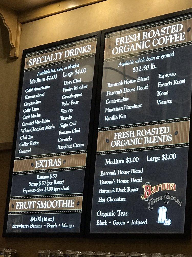 Menu at Barona Coffee Company, USA