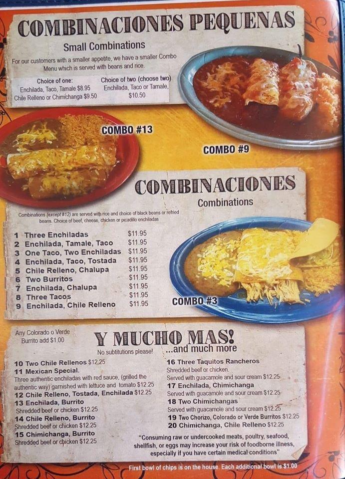 Menu at El Tapatio restaurant, Coquille