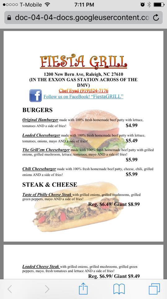 Carta de Fiesta GRILL Food Truck, Raleigh