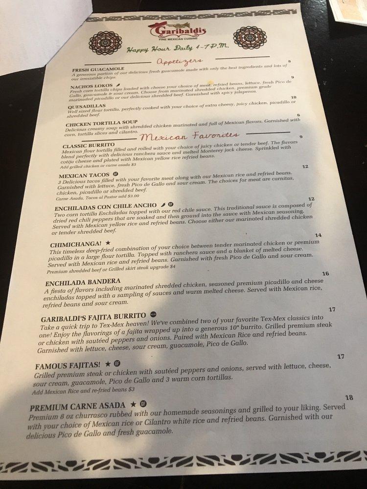 Menu at Garibaldi's Fine Mexican Cuisine restaurant, Davie