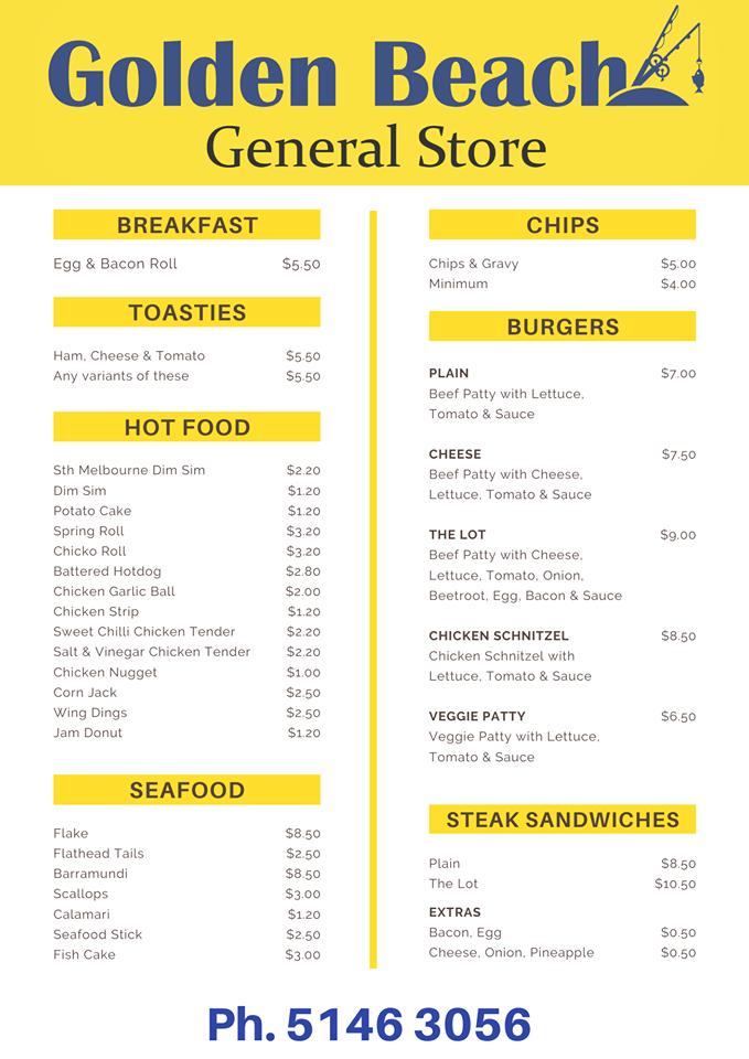 Menu at Golden Beach General Store, Golden Beach