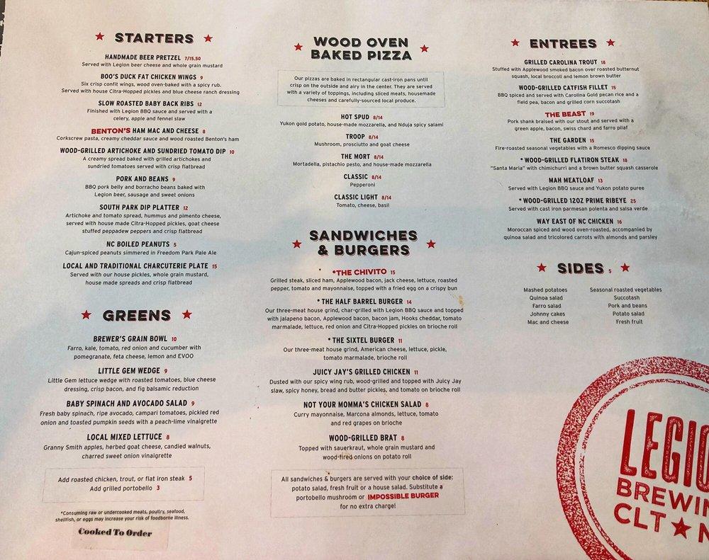 Menu at Legion Brewing South Park pub & bar, Charlotte