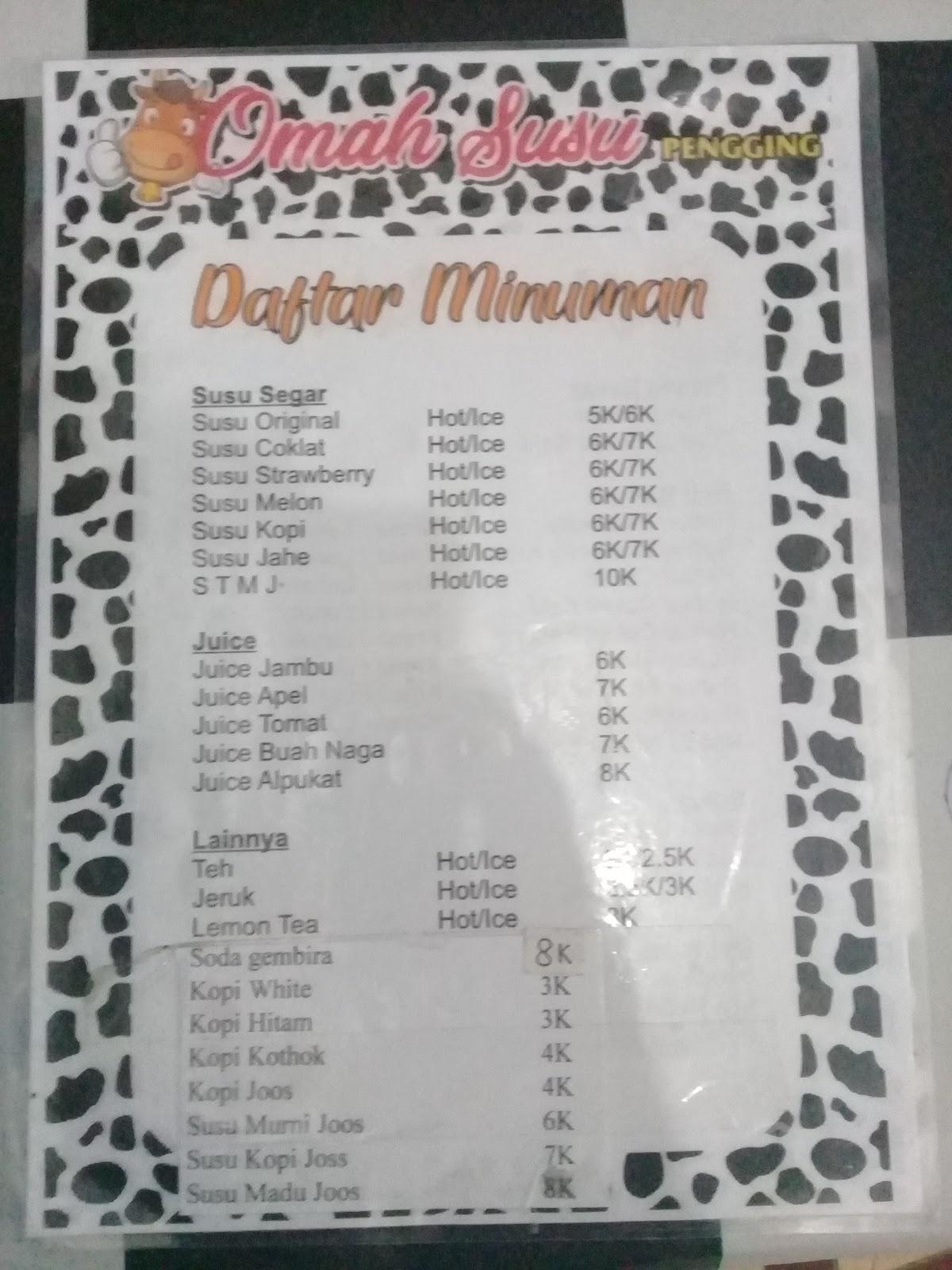 Menu at Omah Susu pengging cafe, Bendan