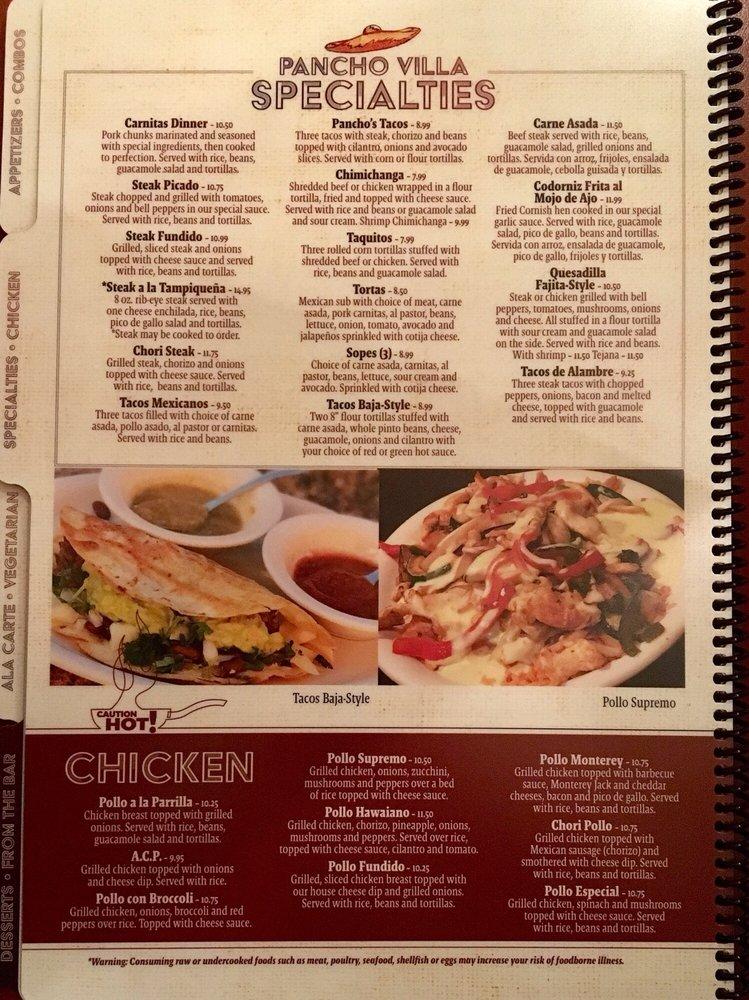 Menu at Pancho Villas restaurant, High Point